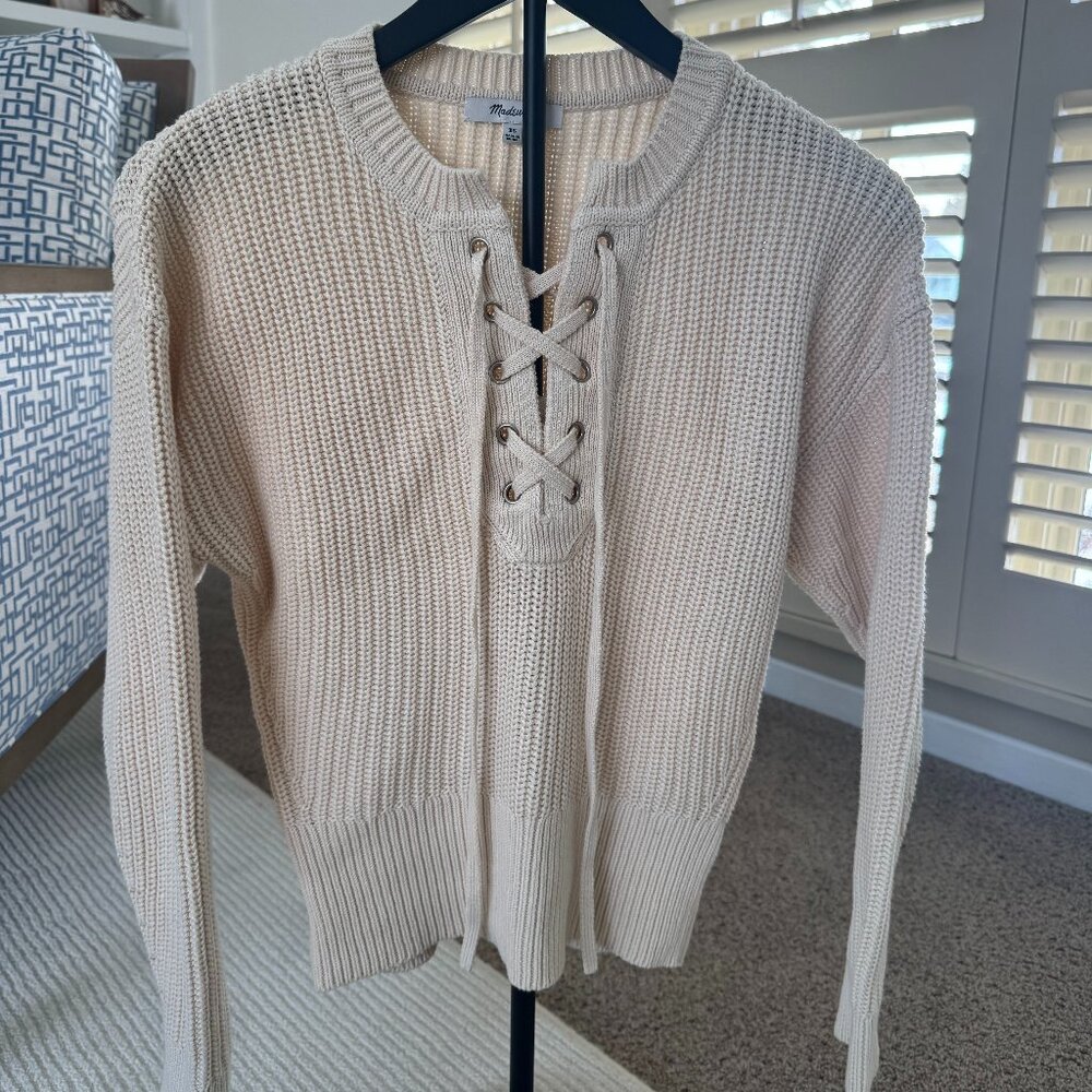 Madewell Cream Ribbed Crewneck Sweater with Lace-Up Front